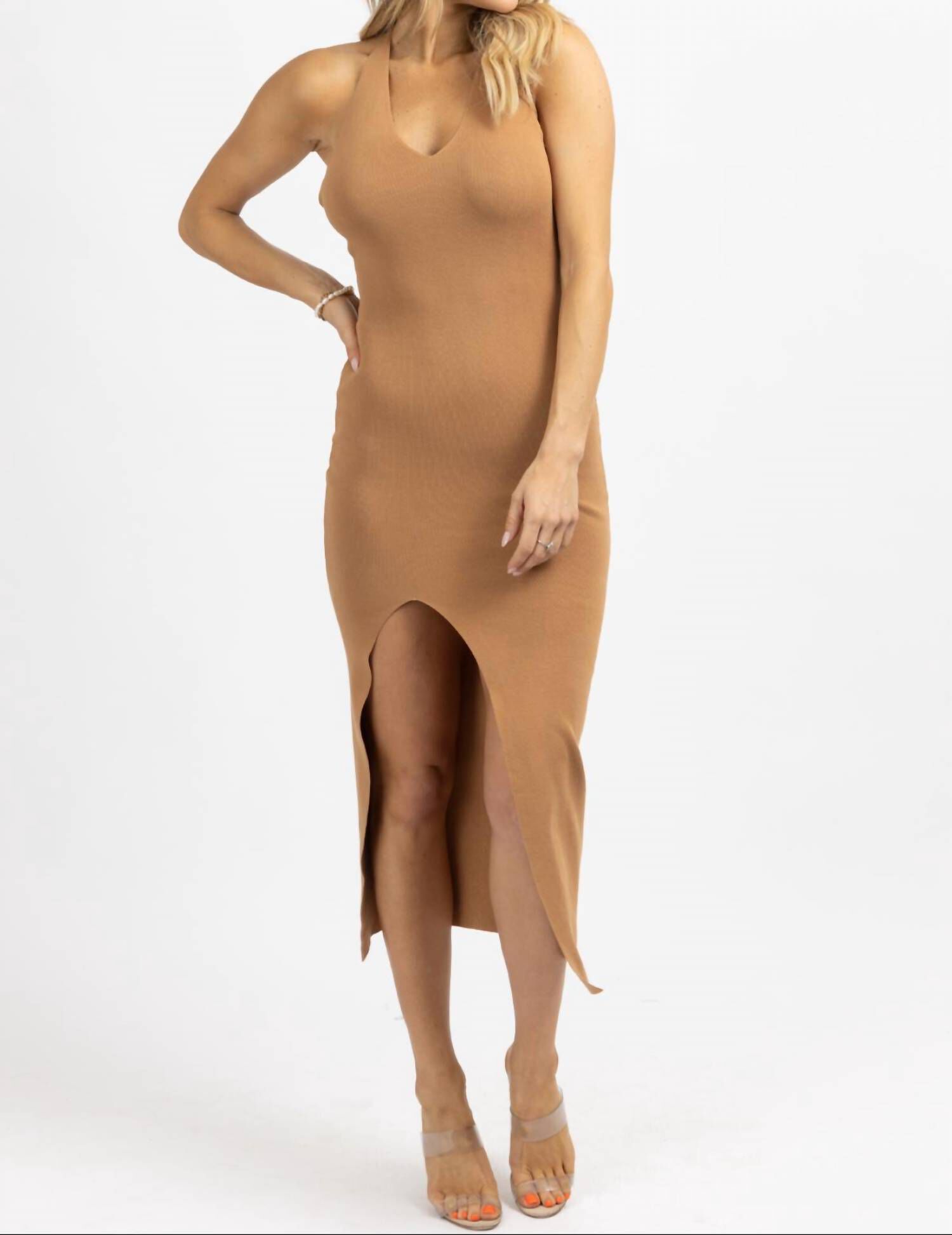 CHAIN CROSSBACK MIDI DRESS IN BROWN GOLD, Brown Gold / Brown, alternate image number 3