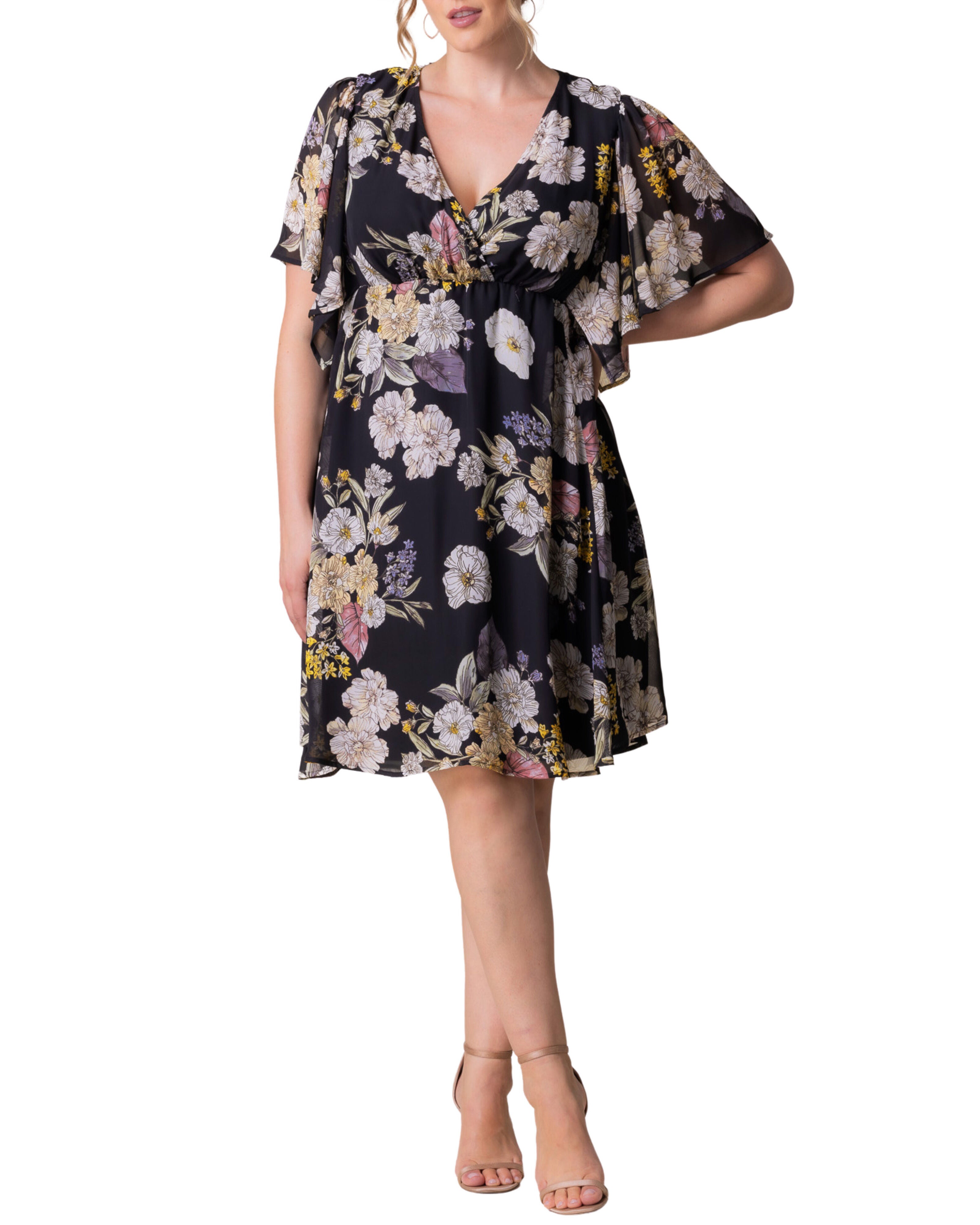 Florence Flutter Sleeve Dress, MIDNIGHT PEONY PRINT / Black, hi-res image number 0