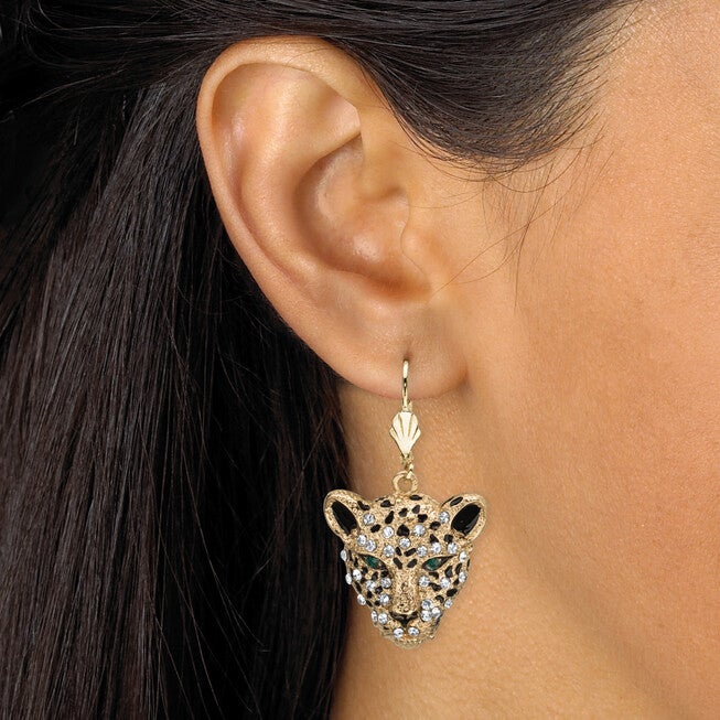 White and Green Crystal Goldtone Leopard Drop Earrings with Lever Backs, , alternate image number null