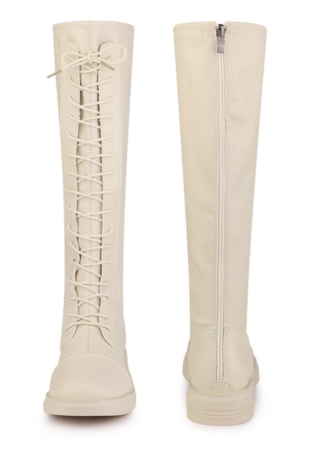 Lace Up Lug Sole Flat Low Heel Knee High Combat Boots, Beige / Beige, alternate image number null