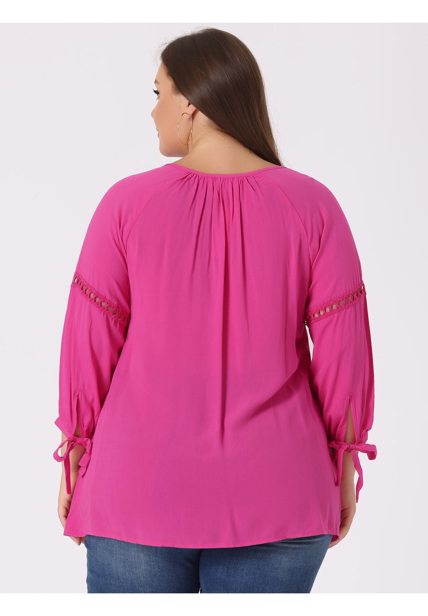 RAGLAN SLEEVES HOLLOW OUT TIE NECK PEASANT TOP, Hot Pink / Pink, alternate image number 3