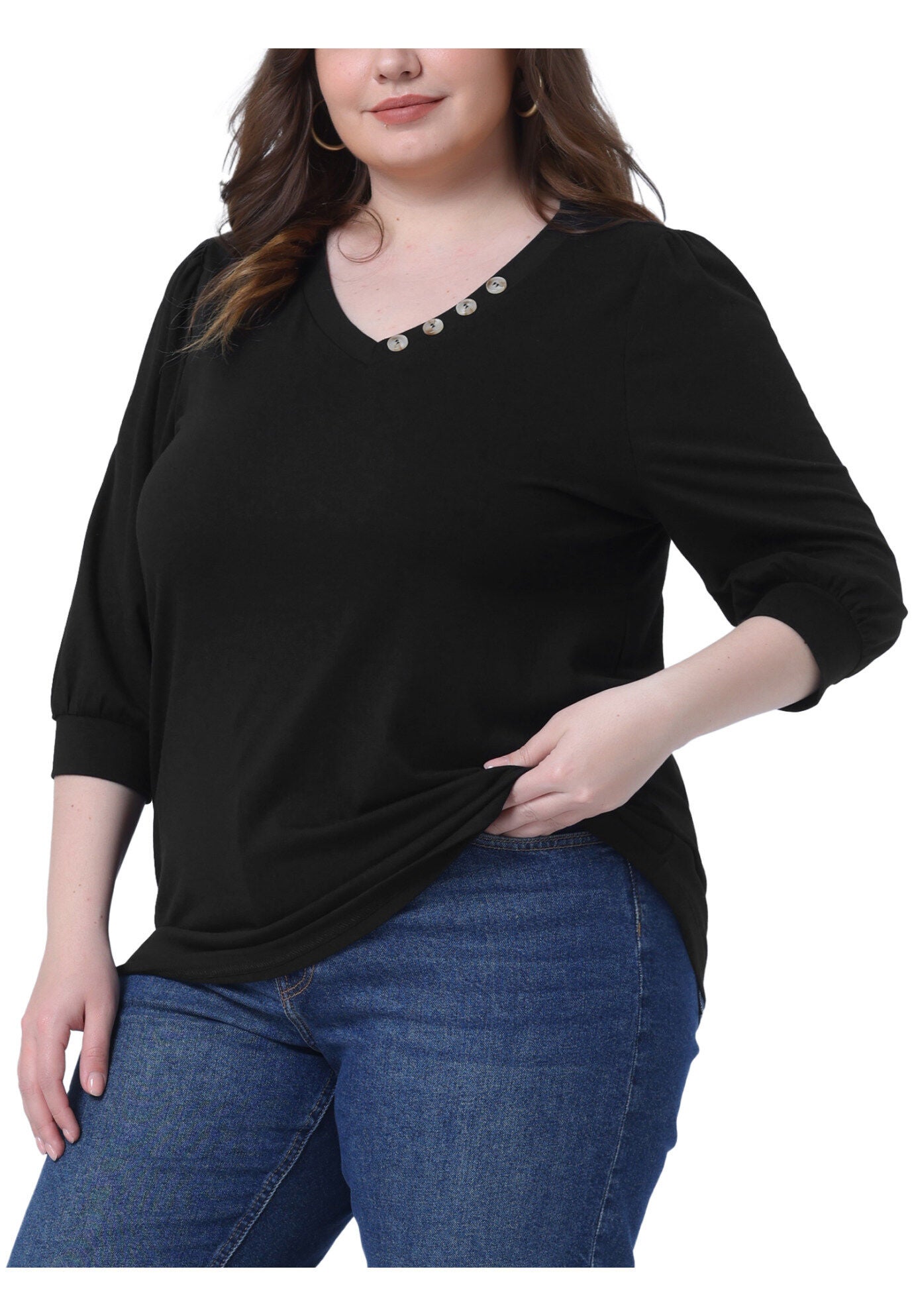 3/4 Sleeve V Neck Button Decor Blouse Shirt, Black / Black, alternate image number 3