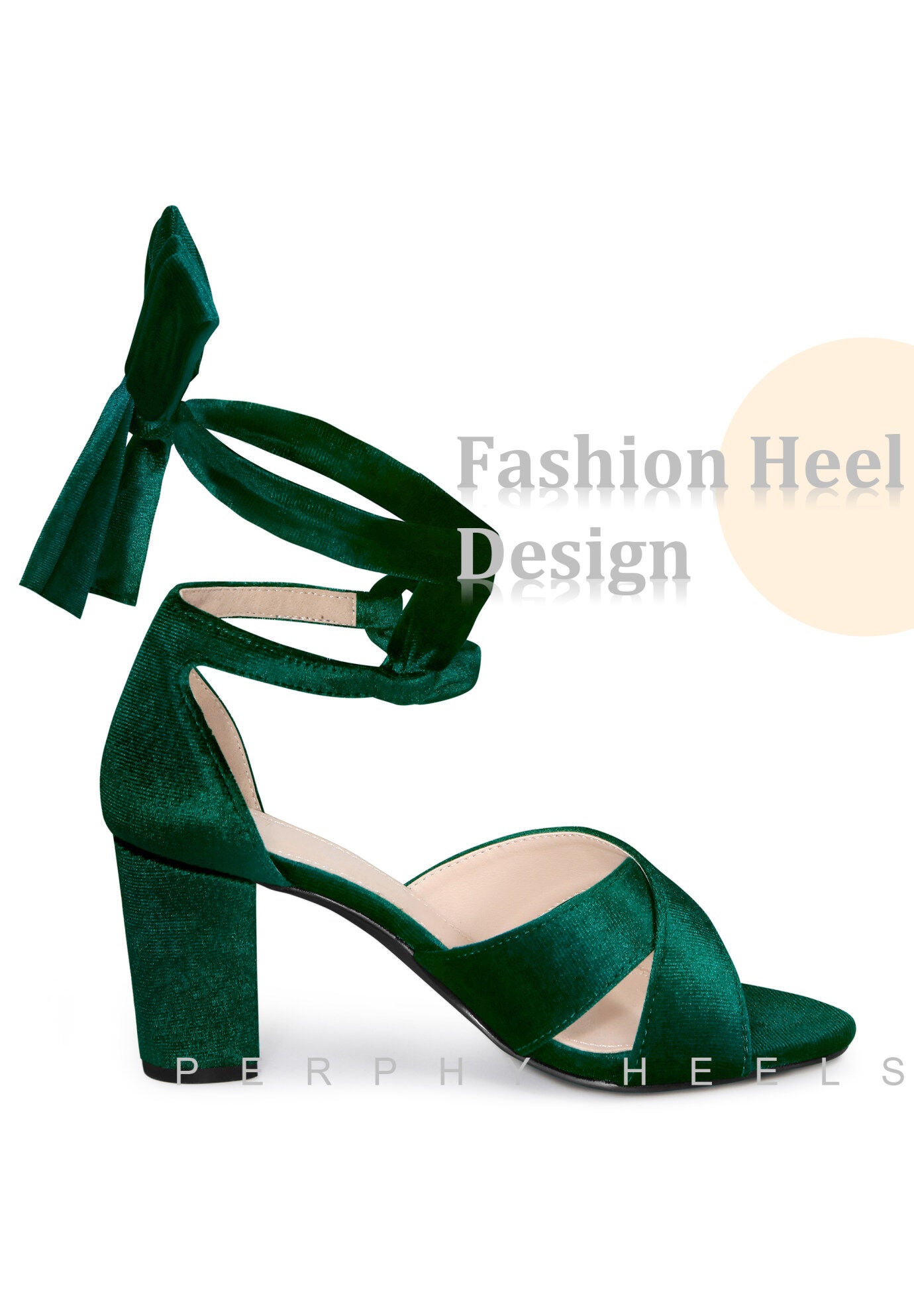 Chunky Heel Cross Strap Lace Up Velvet Sandals, Emerald Green / Hunter Green, hi-res image number 0