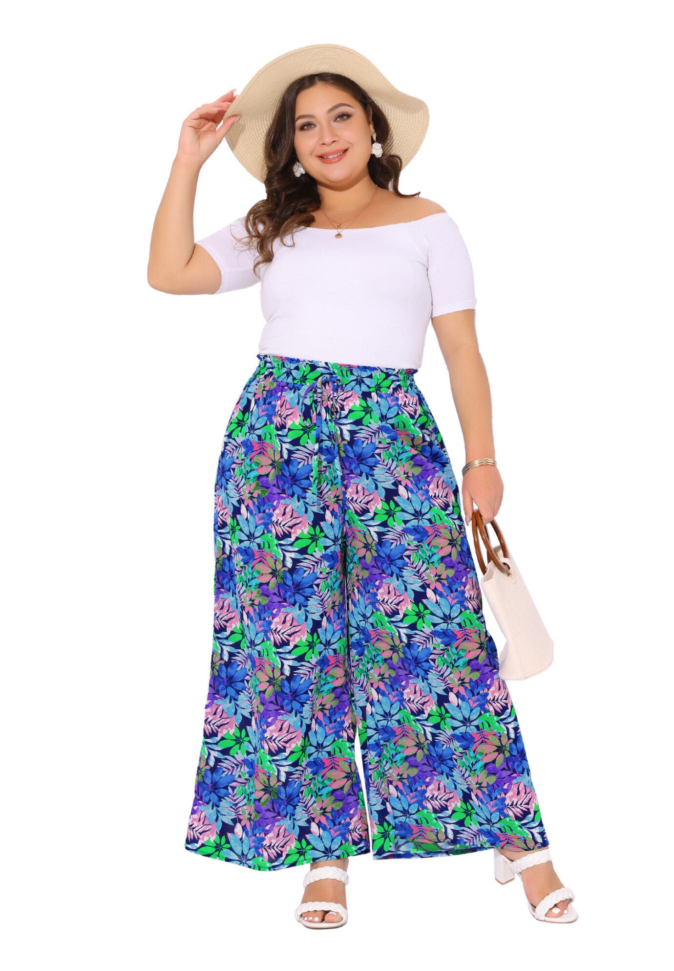 Wide Leg Floral Palazzo Pants Flowy Beach Trousers with Pocket, Dark Blue Purple / Purple, hi-res image number 0