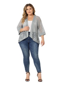 LACE CROCHET CARDIGAN 3/4 SLEEVE SHEER LIGHTWEIGHT COVER UP