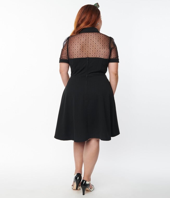 Unique Vintage Plus Size Black Mesh Fit & Flare Dress, Black Mesh / Black, alternate image number null