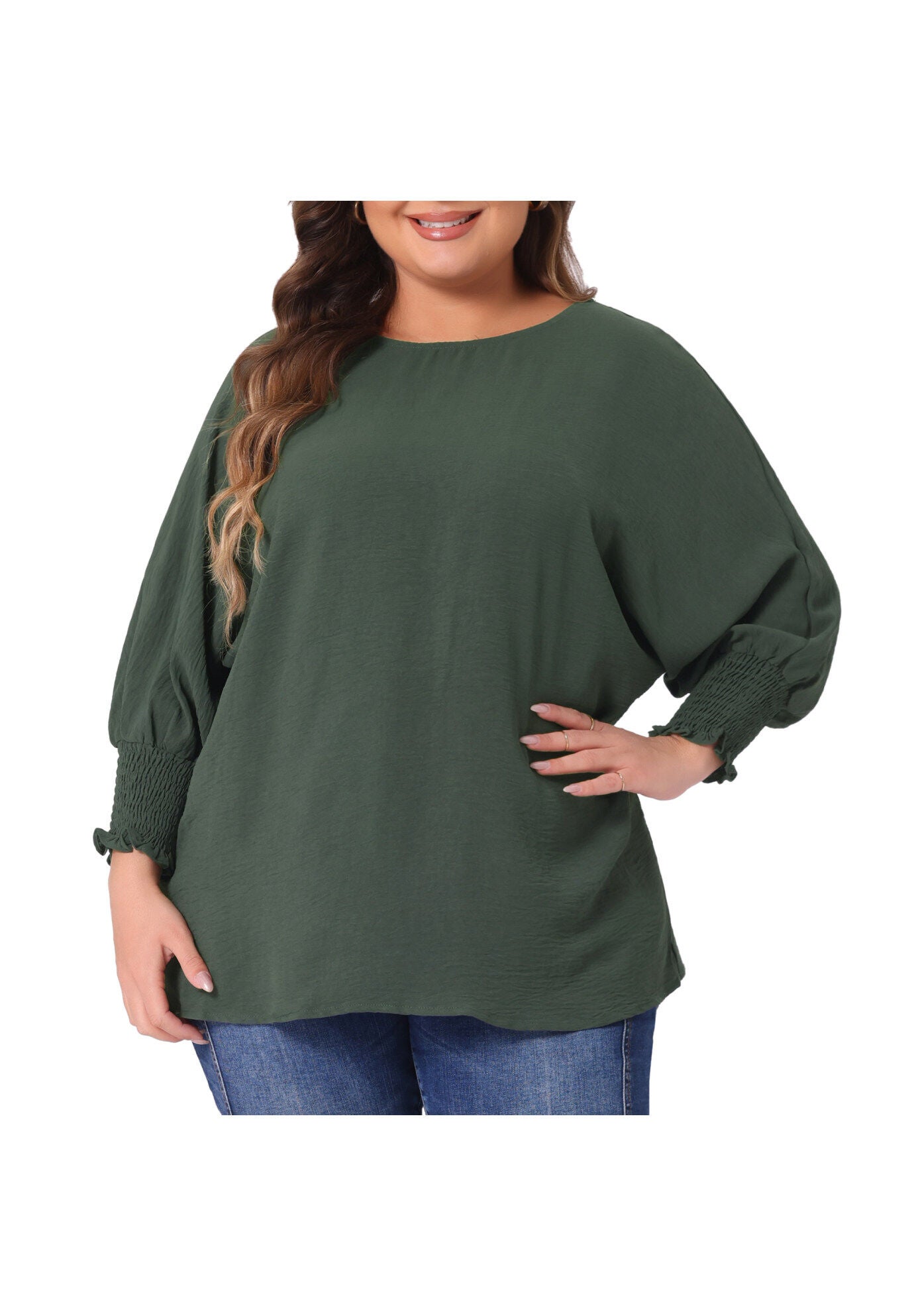 Chiffon Top Batwing Ruffle Long Sleeve Loose T-Shirt Blouse, Army Green / Olive Green, alternate image number 2