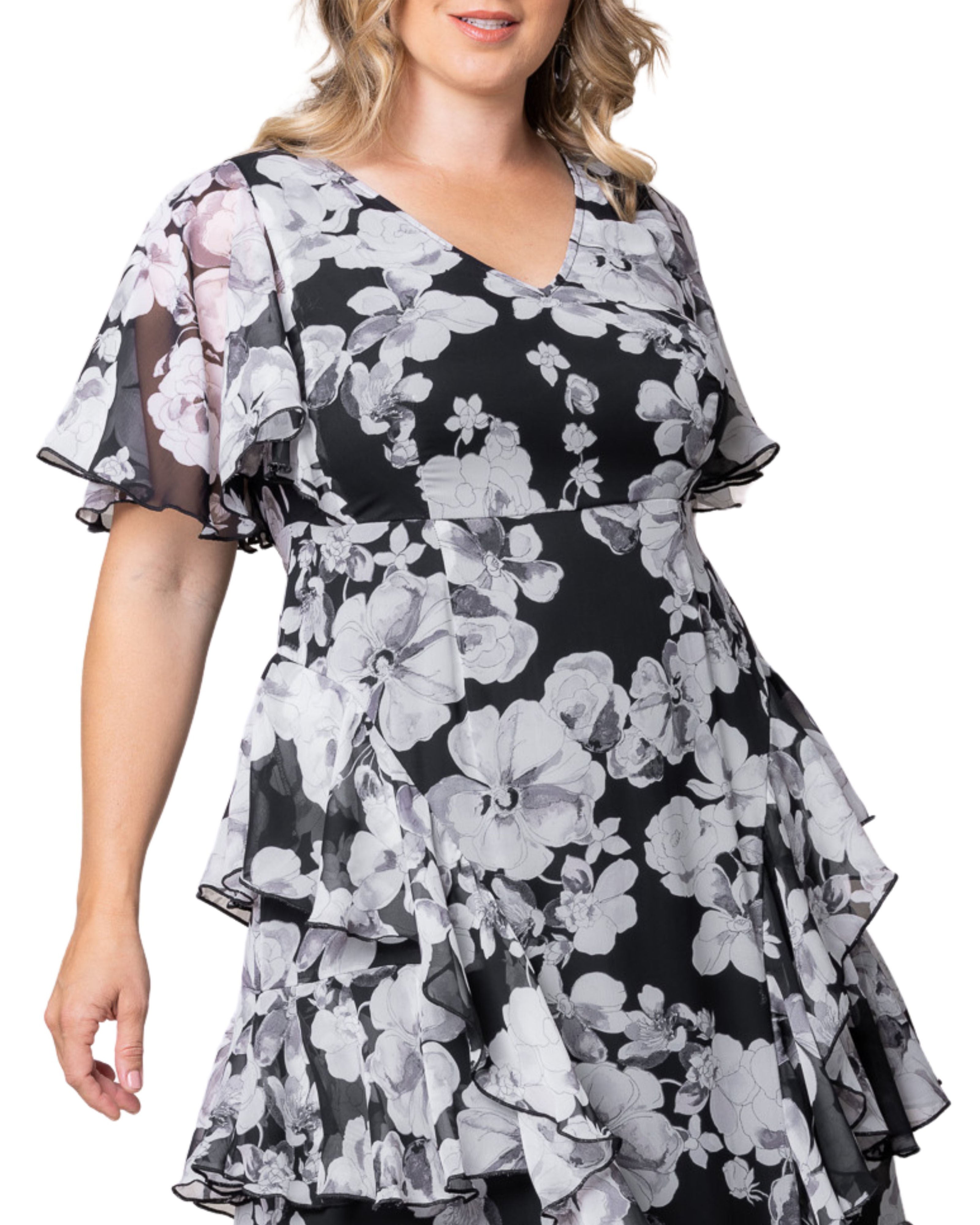 Tour de Flounce Chiffon Evening Gown, GRAYSCALE BLOOMS / Black, alternate image number 2