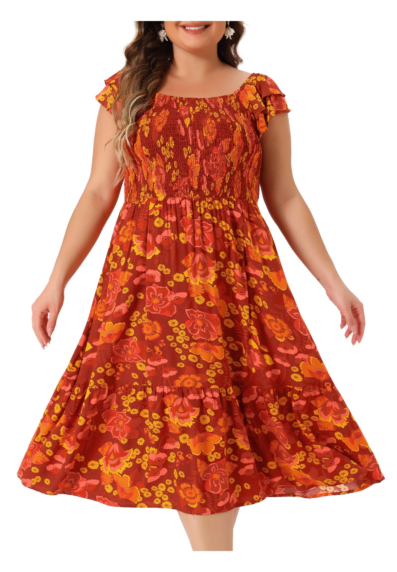 Square Neck Flutter Sleeve Smocked High Waist Flowy Summer Midi Dress, Brick Red / Red, alternate image number 2