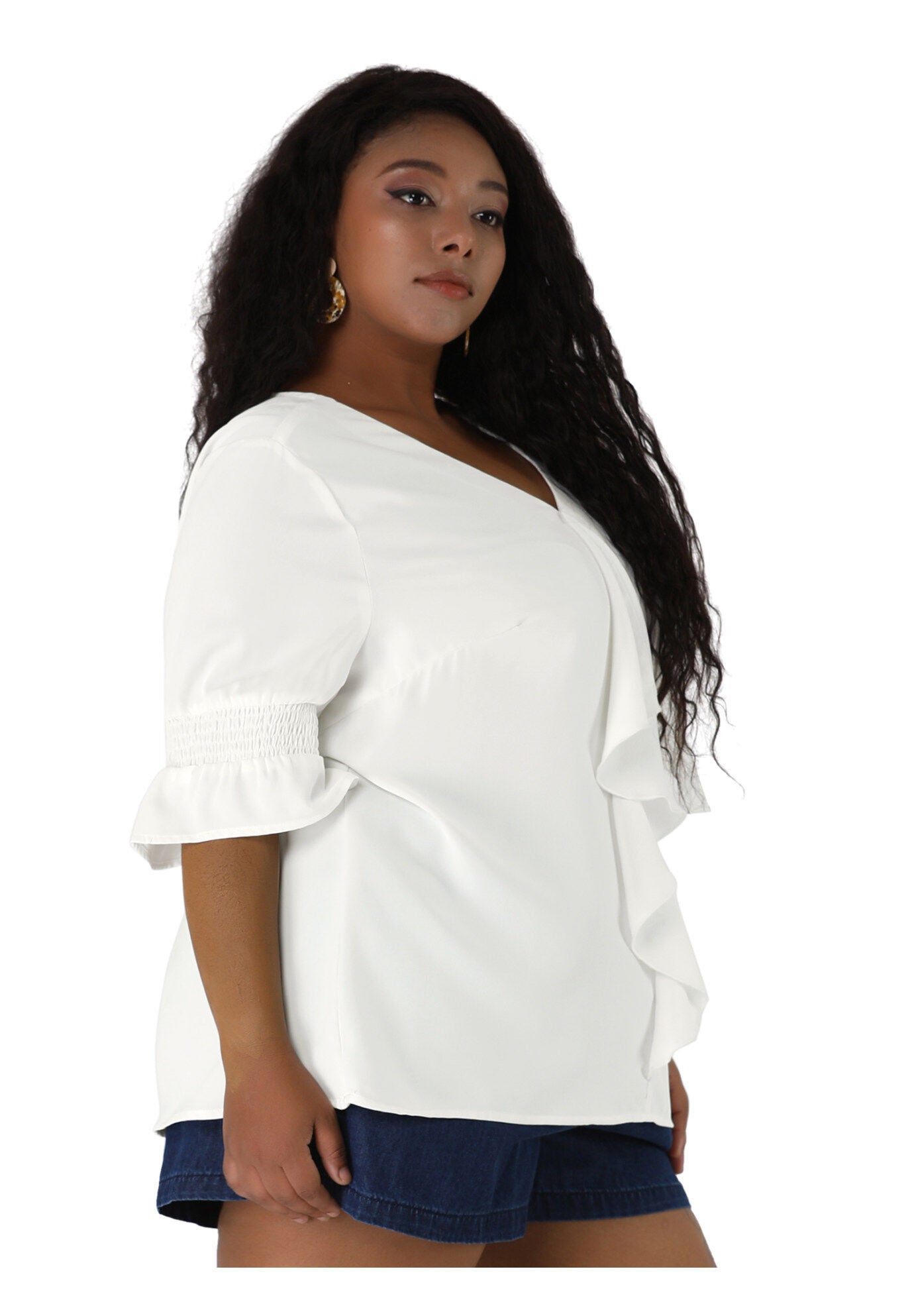 Ruffle Blouse V Neck Smocked Sleeves Top, White / White, alternate image number 3