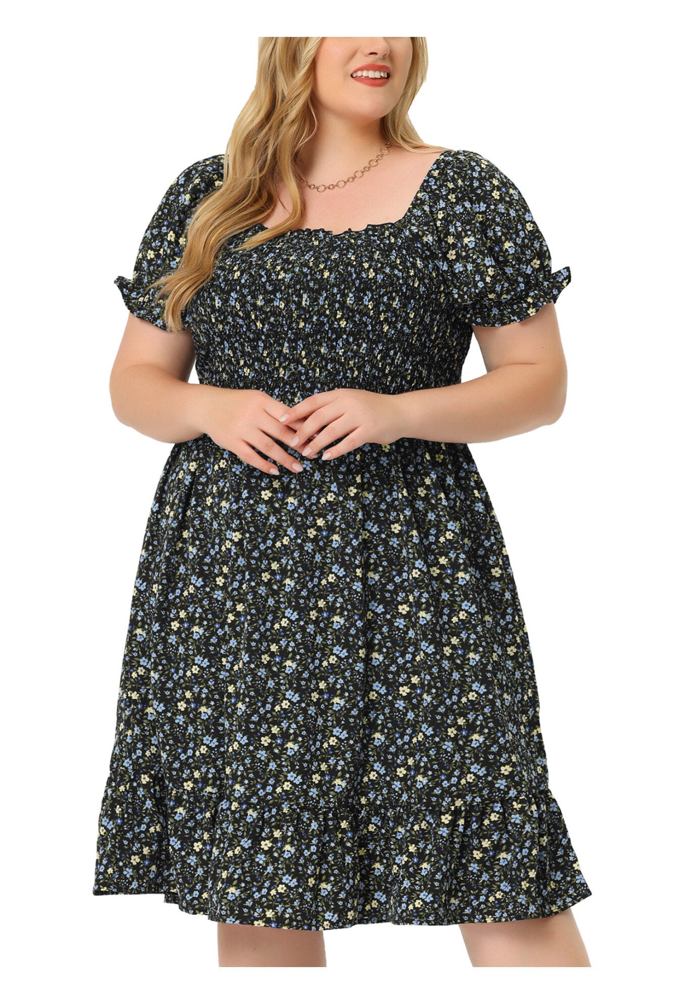 Ruffle Short Sleeve Flared Flowy Smock Floral Print Dress, Black / Black, alternate image number 3