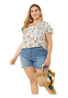 Floral Printed Ruffle Trim V Neck Layered Sleeve Blouse