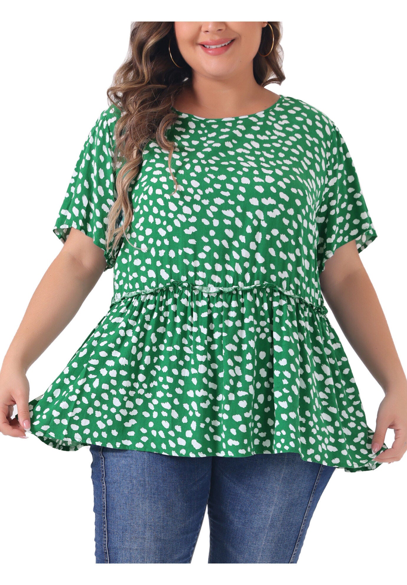 Polka Dots Crew Neck Short Sleeve Peplum Top, Dark Green / Hunter Green, alternate image number 2