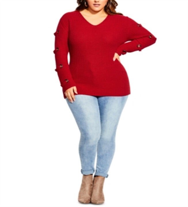 City Chic Women's Trendy Plus Grommet Sleeved Sweater Red Size XS, Red / Red, hi-res image number 0