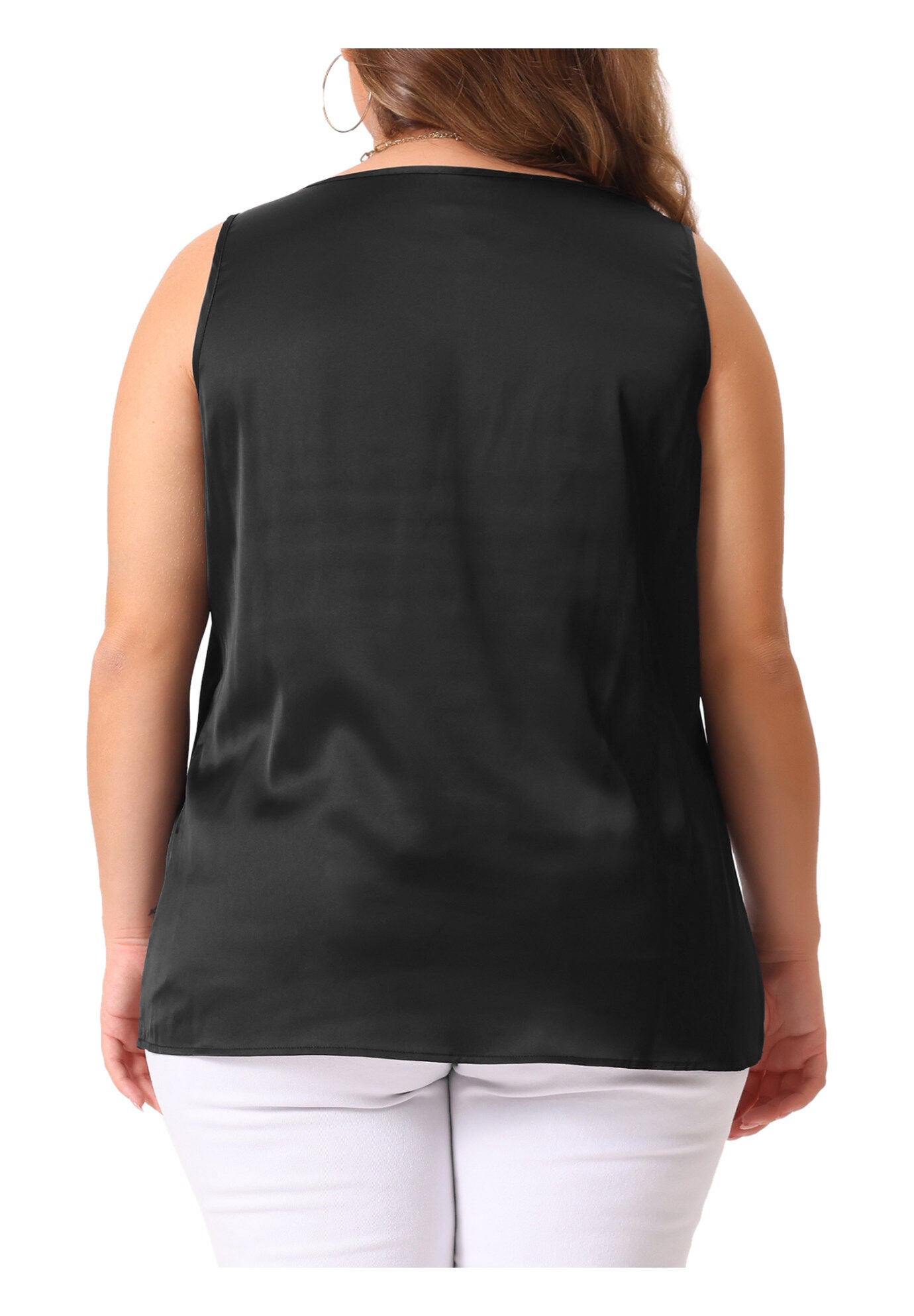 Satin Tank Top V Neck Casual Sleeveless Cami, Black / Black, alternate image number 3