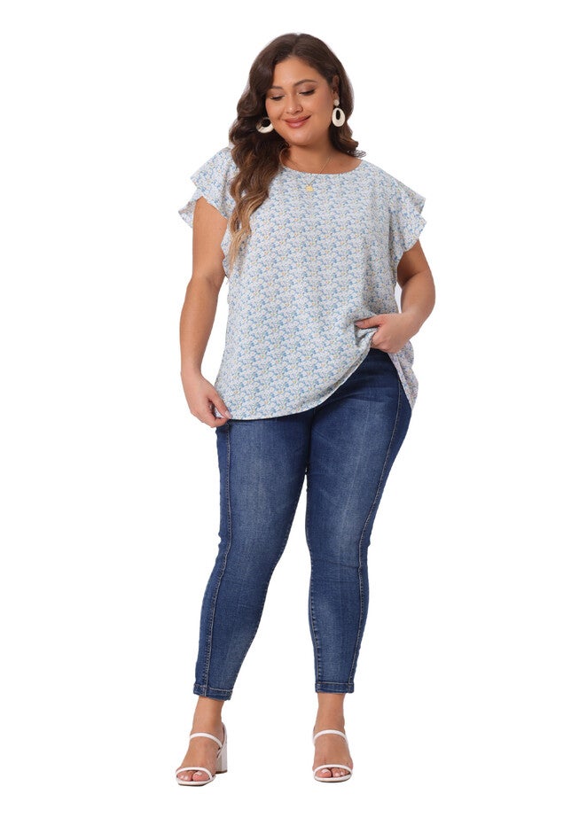 Summer Top Floral Tie Waist Short Sleeves Casual Blouse, Blue / Light Blue, hi-res image number null