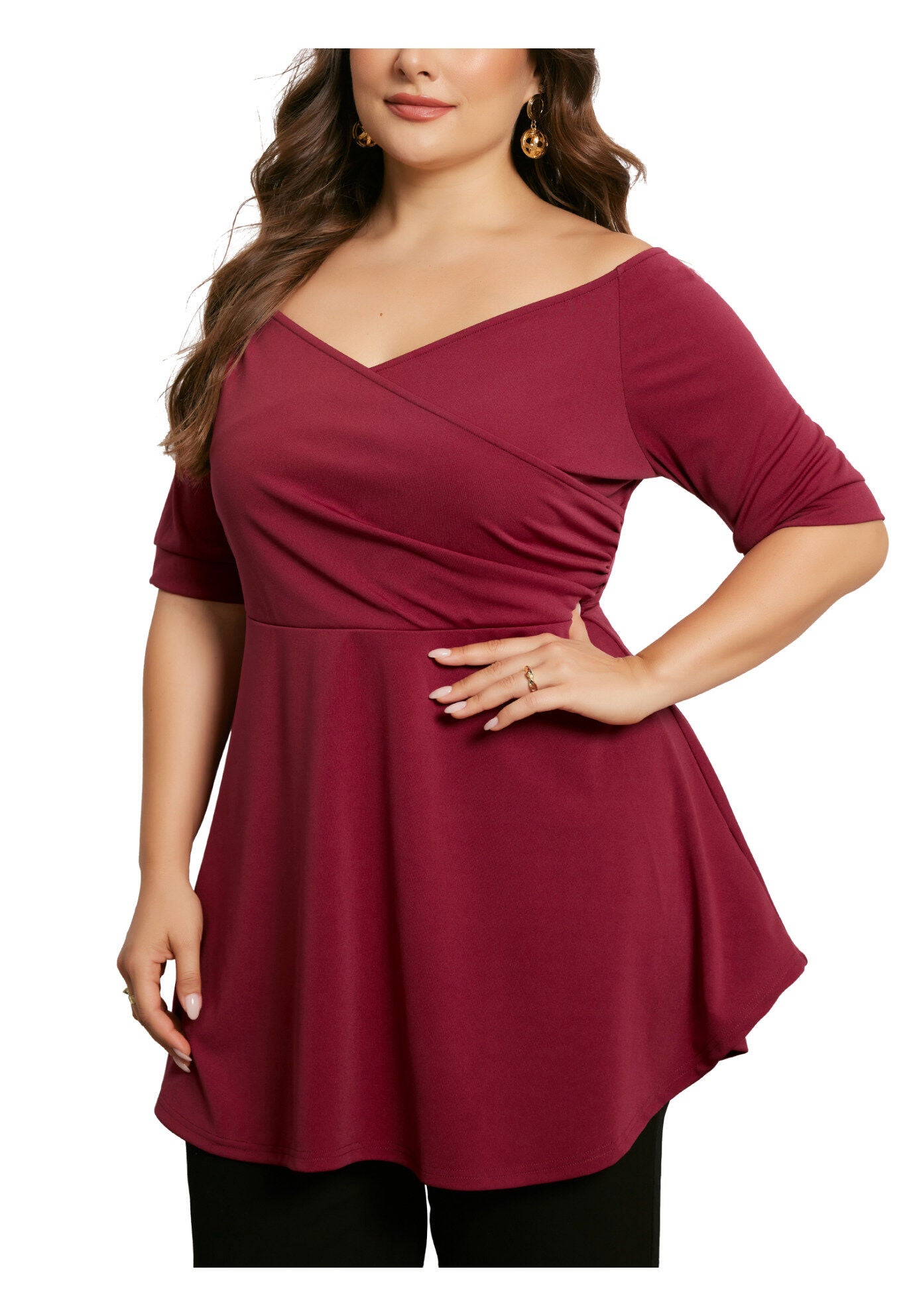 V NECK SHORT SLEEVE RUCHED PEPLUM BLOUSE TOP, Burgundy / Red, alternate image number 2