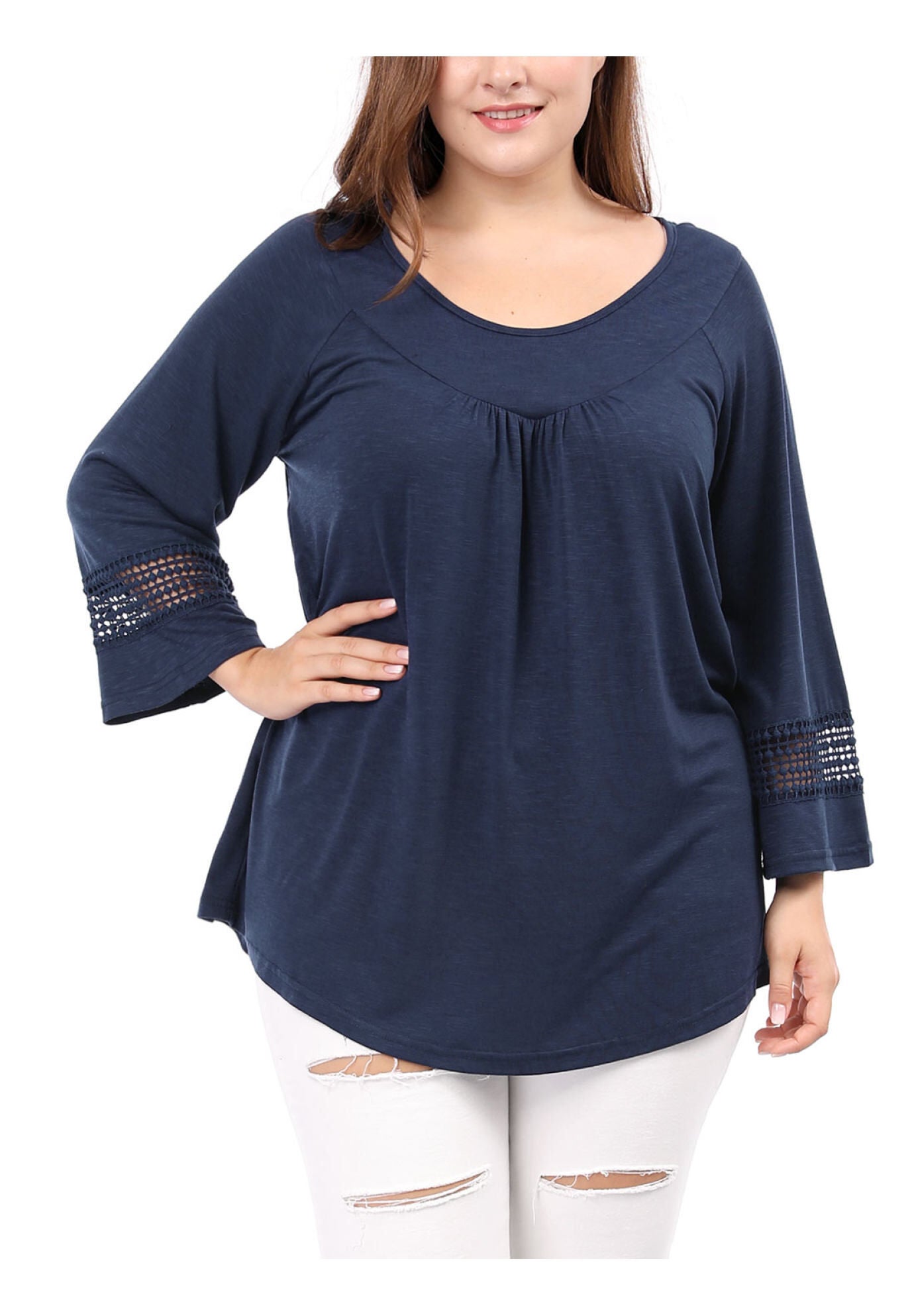 CROCHET PANEL HOLLOW OUT PLEATED TUNICS BLOUSE TOP, Blue / Navy, alternate image number 3