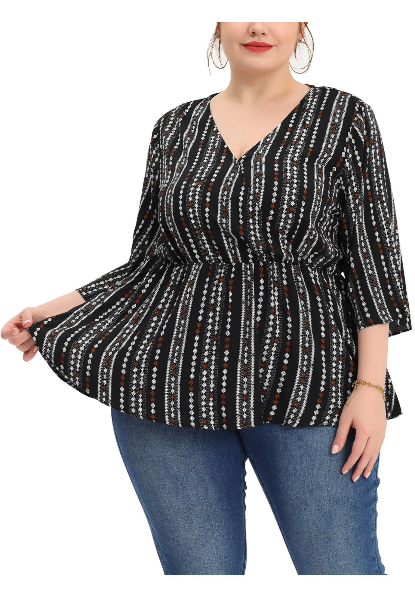 Boho Work V Neck Striped Peplum Top Blouse, Black / Black, alternate image number 2