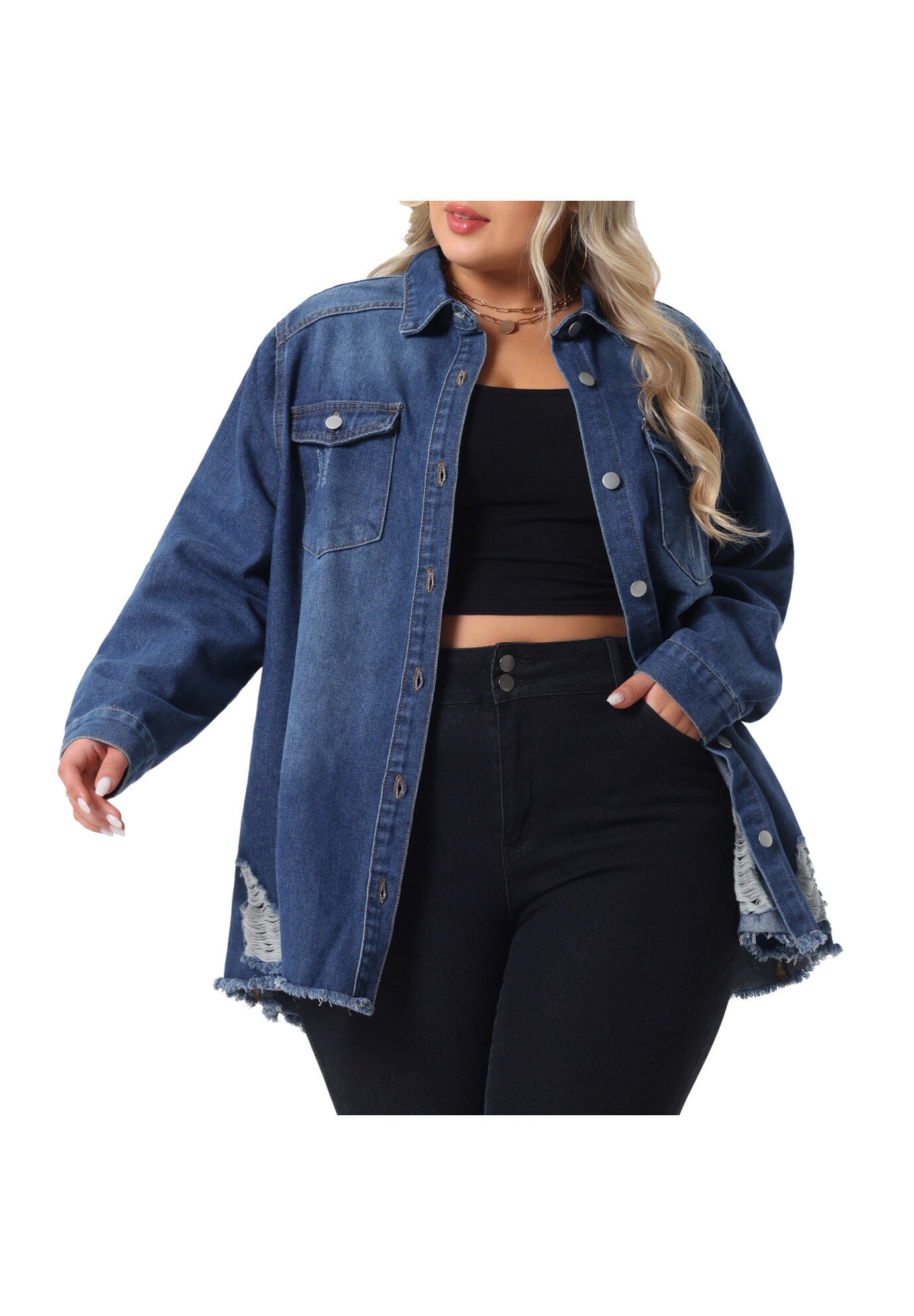 Long Sleeve Denim Jackets Boyfriend Shirt Jean Jacket, Dark Blue / Navy, alternate image number 2