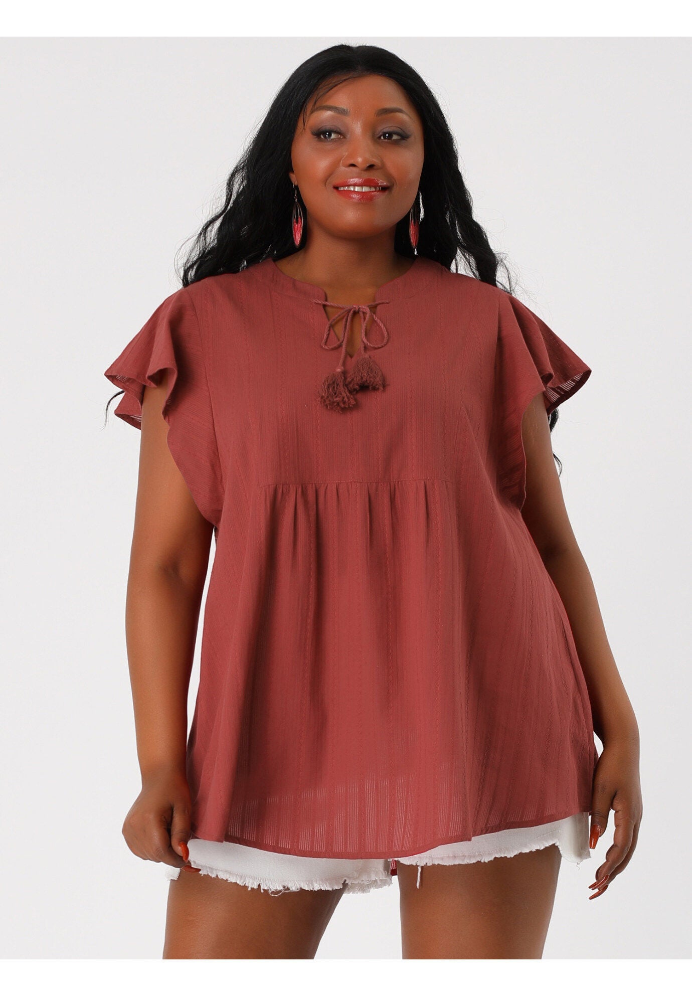 V NECK TASSEL SELF TIE FLUTTER BLOUSE, Brick Red / Red, alternate image number 3