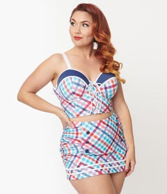 Unique Vintage Pastel Madras Plaid Lace Up Swim Top