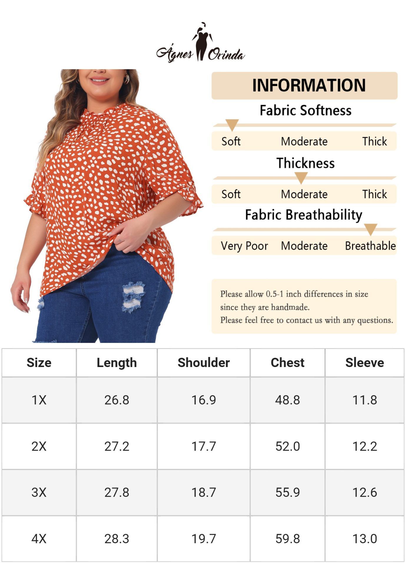 Polka Dots Printed Short Sleeve Ruffle Mock Neck Blouse, Orange / Orange, alternate image number 4