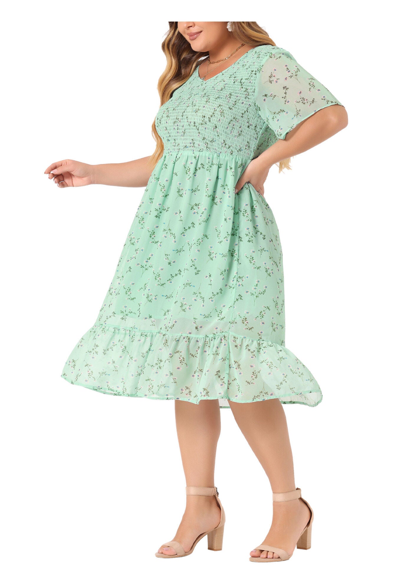 Flare Smock Ruffle Chiffon Floral Midi Dress, Light Green / Light Green, alternate image number 1
