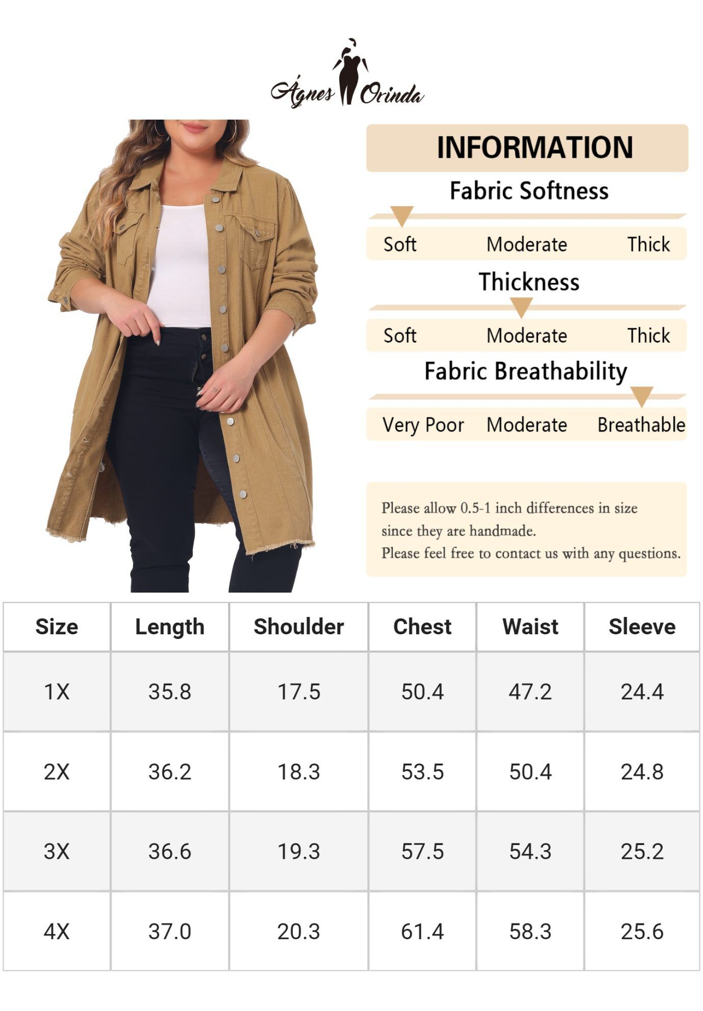 DISTRESSED BUTTON UP POCKET LONG DENIM JACKET, Khaki / Tan, alternate image number 3