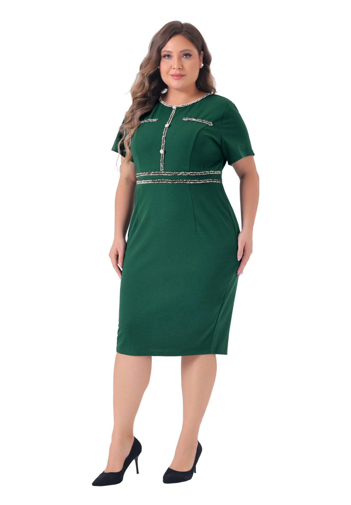Button Crew Neck Bodycon Pencil Dress, Dark Green / Deep Fuchsia, hi-res image number 0