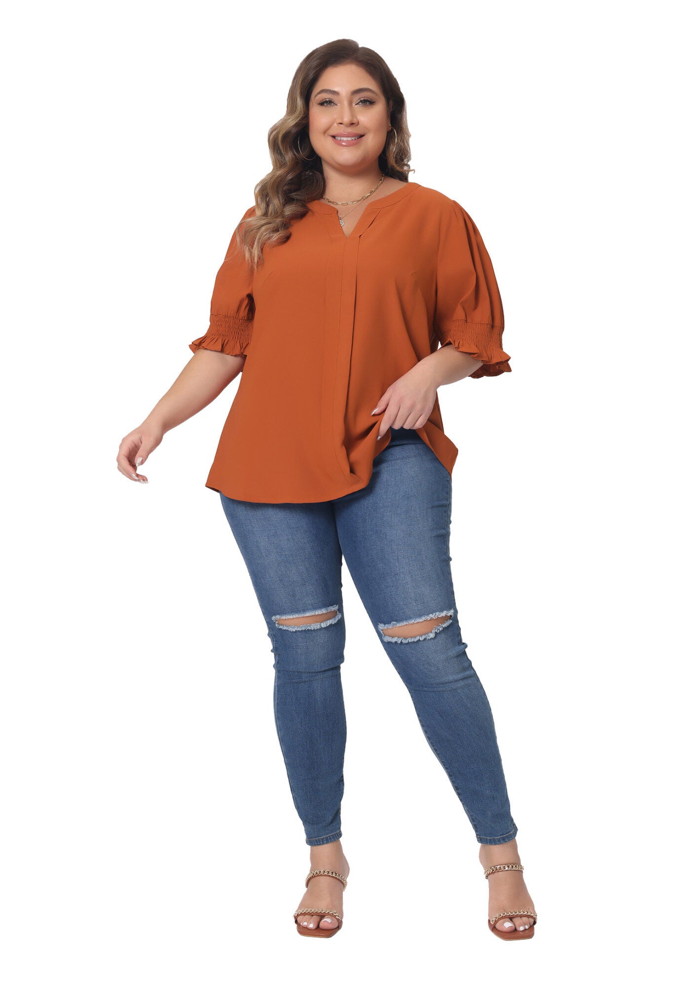 Notched V Neck Puff Short Sleeve Blouse Top, Orange / Burnt Orange, hi-res image number 0