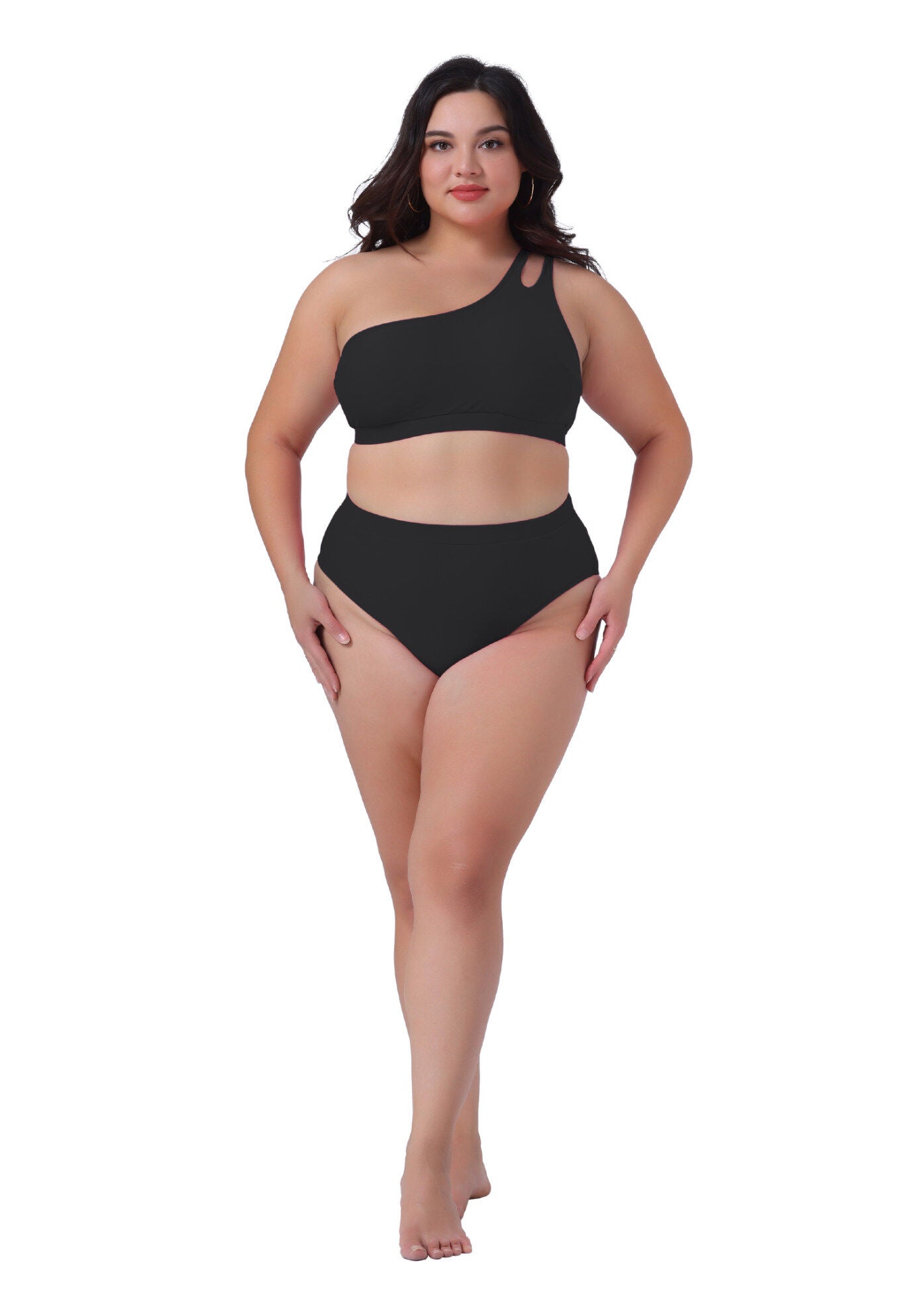 High Waisted Bikini Two Piece One Shoulder Keyhole Swimsuit, Black / Black, hi-res image number 0