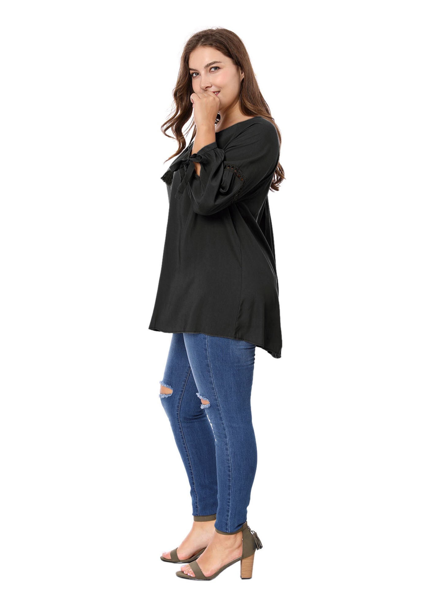 RAGLAN SLEEVES HOLLOW OUT TIE NECK PEASANT TOP, Black / Black, alternate image number 3
