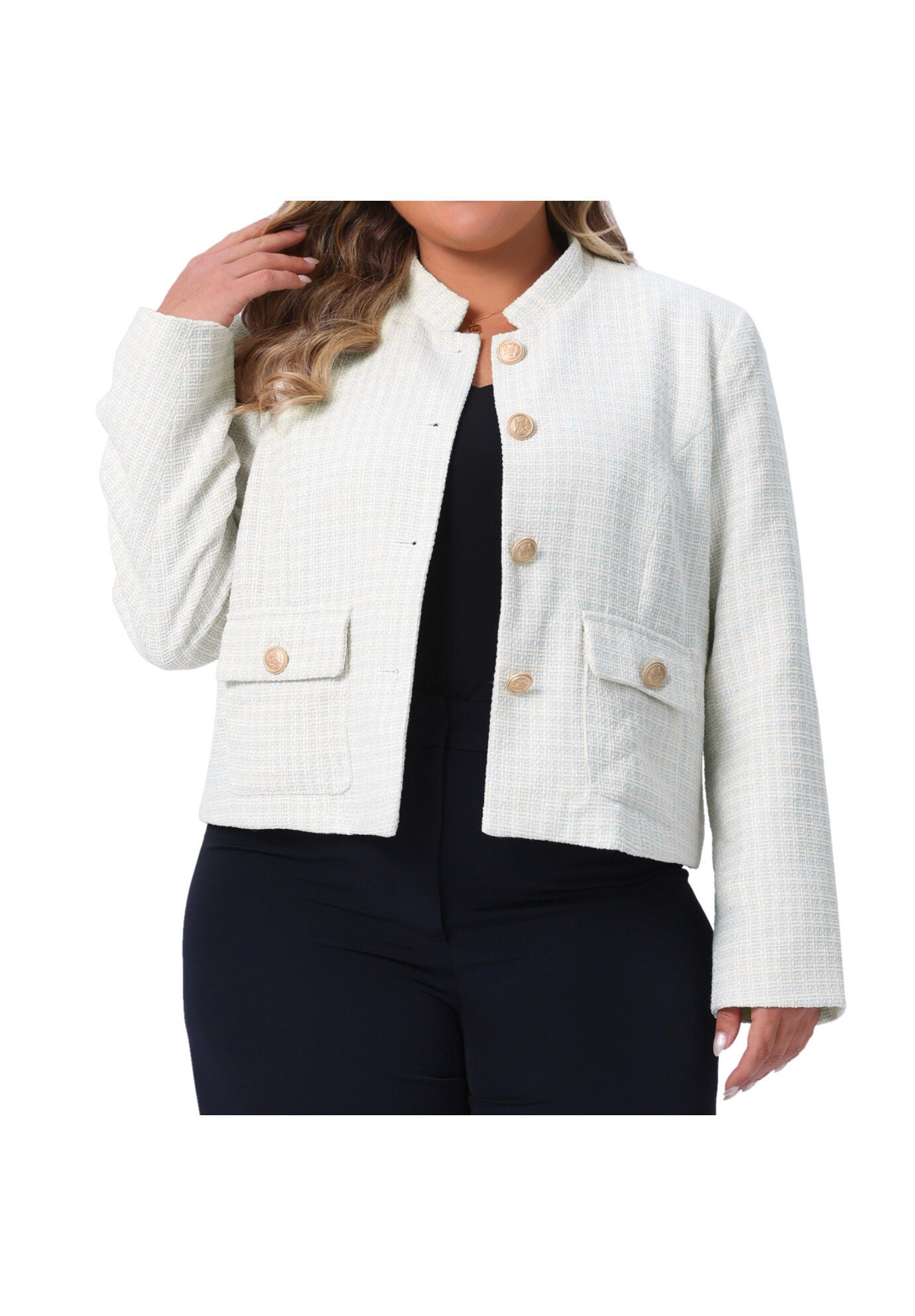 Tweed Long Sleeve Casual Cropped Jacket with Pockets, White / White, alternate image number 1