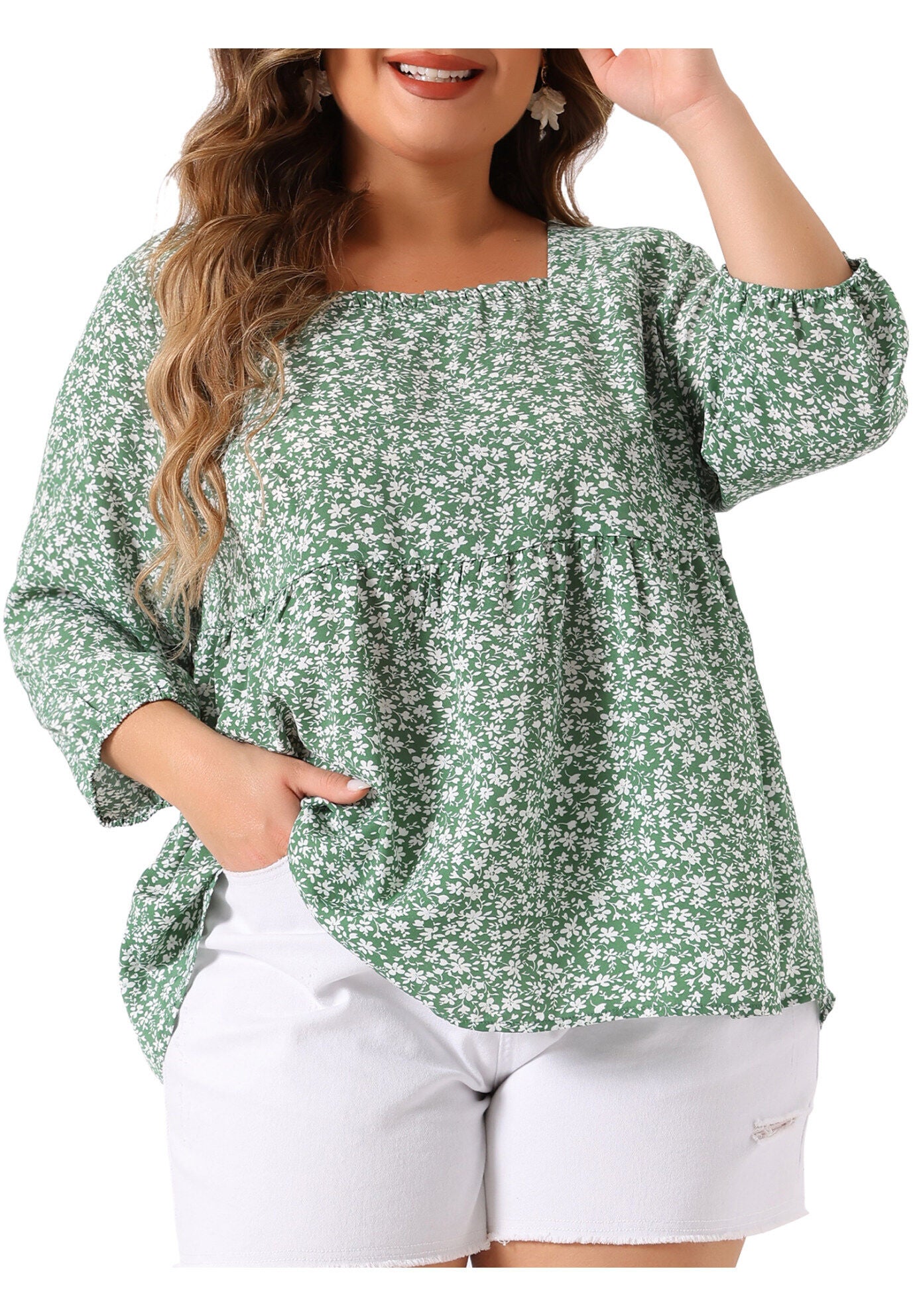3/4 Sleeve Floral Peplum Babydoll Blouse, Green / Light Green, alternate image number 2