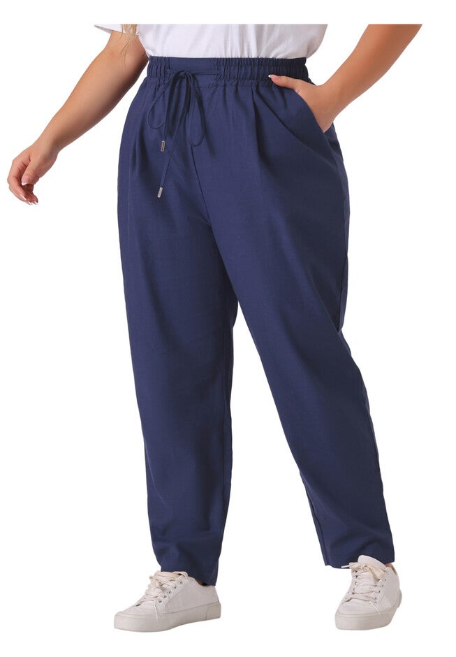 STRAIGHT LEG DRAWSTRING ELASTIC LOOSE TROUSERS, Navy Blue / Navy, alternate image number 1