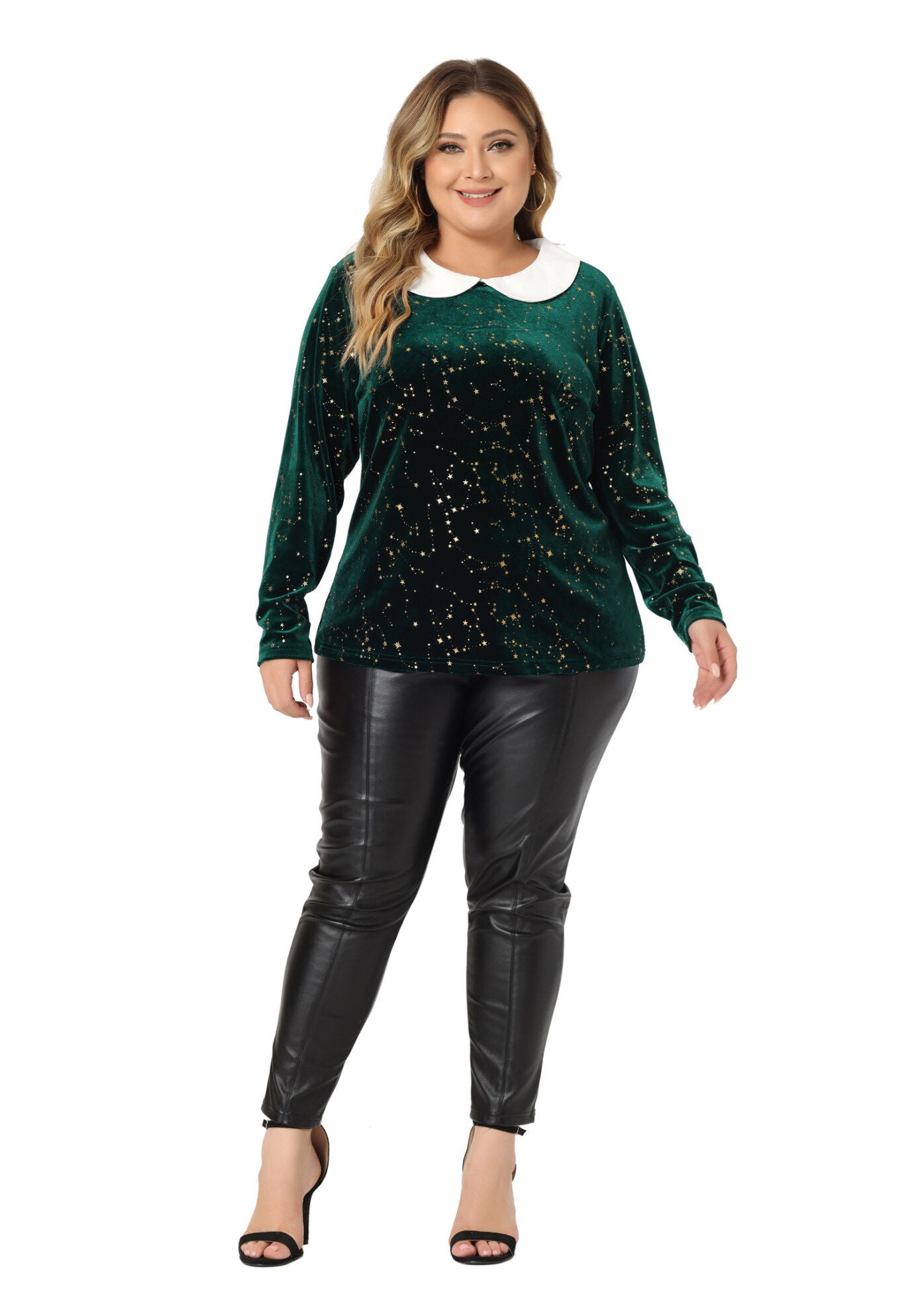 Peter Pan Long Sleeve Vintage Star Print Doll Collar Velvet Top, Green / Forest Green, hi-res image number 0