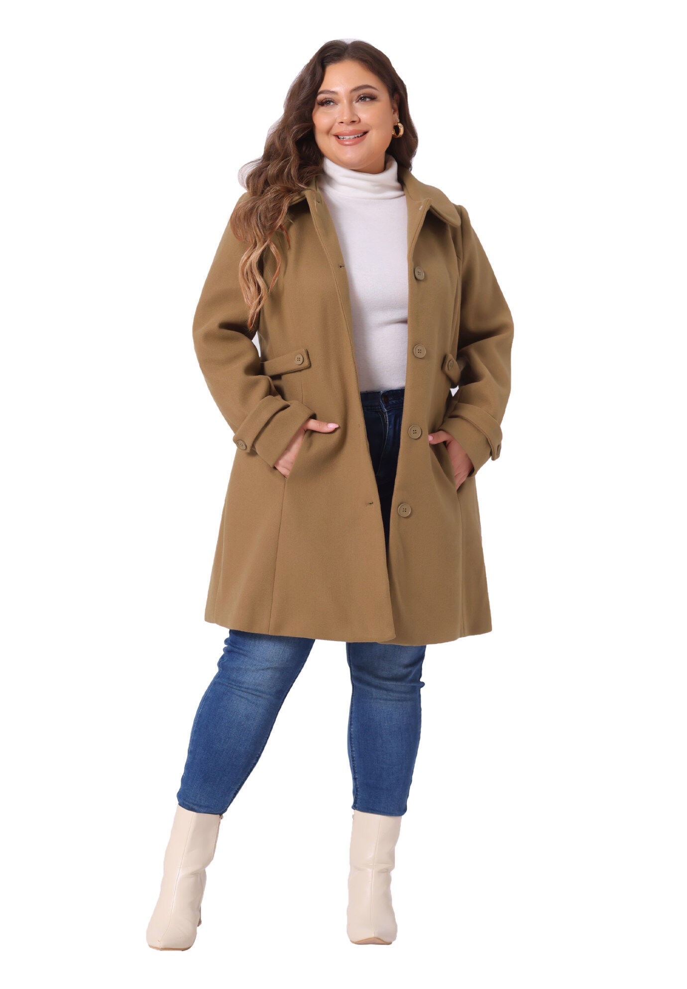 Peter Pan Collar Cuff Single Breasted Trench Long Coat, Camel / Brown, hi-res image number 0