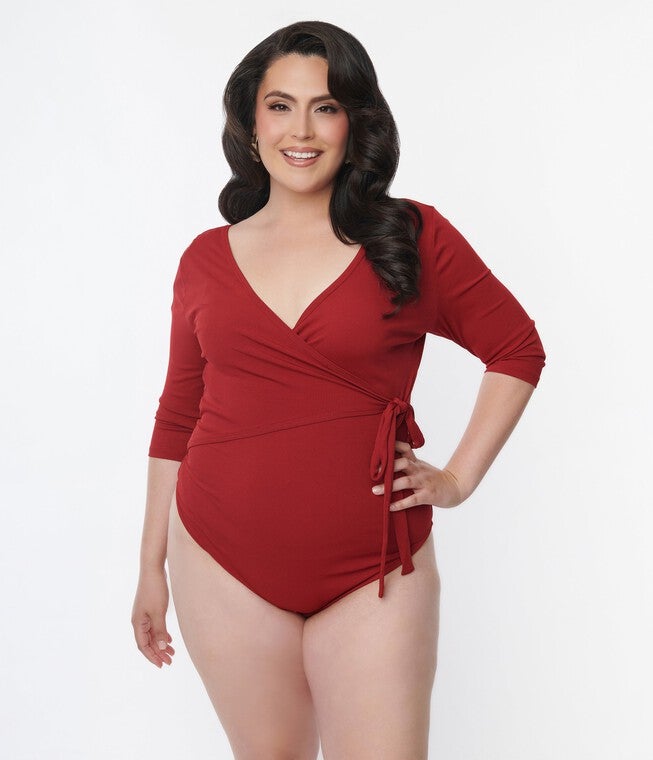 Unique Vintage Burgundy Surplice Bodysuit, Burgundy / Burgundy, alternate image number 1