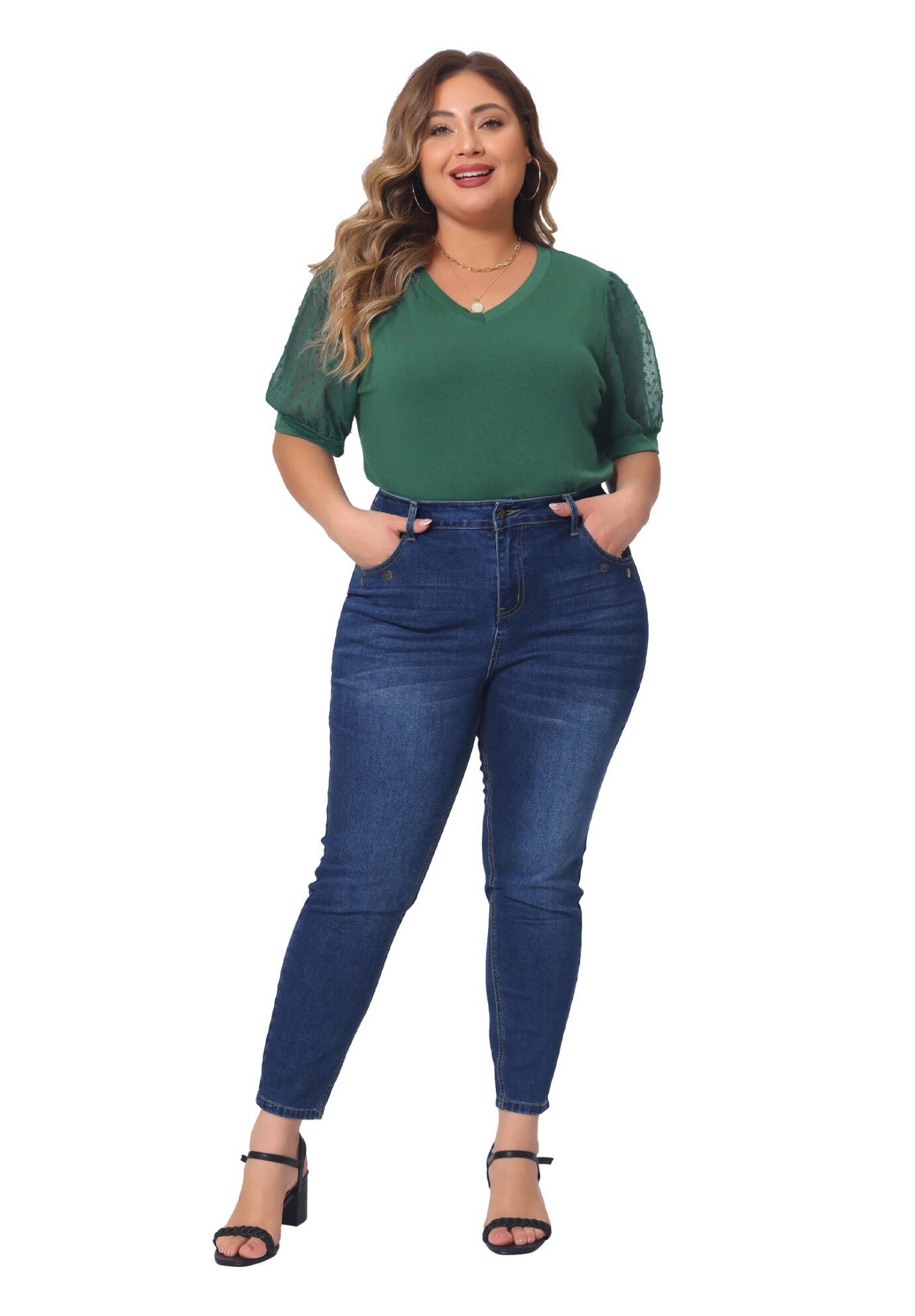 V Neck Swiss Dots Puff Sleeve Loose Top, Green / Quetzal Green, hi-res image number 0