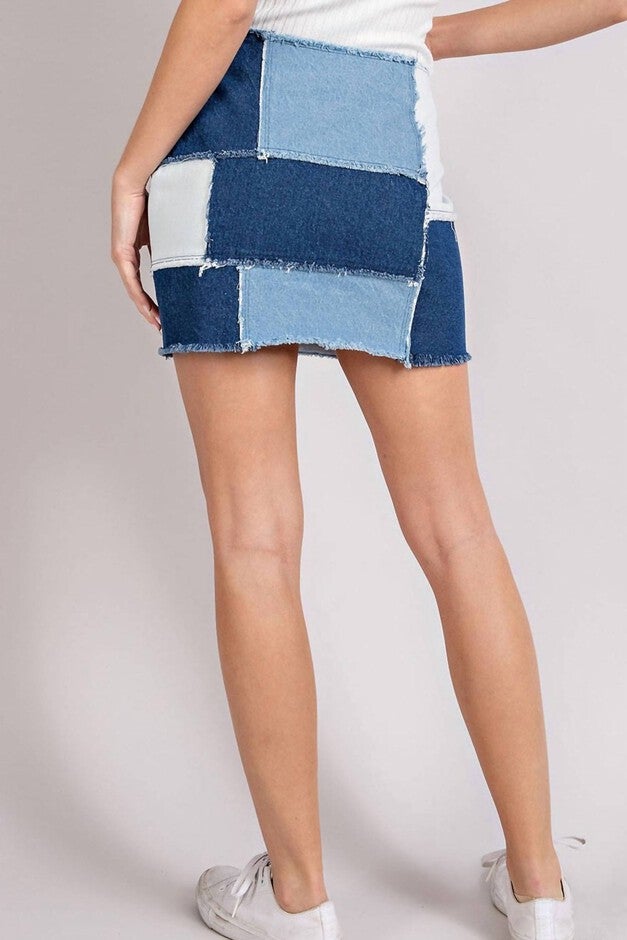 RETRO PATCHWORK COLOR BLOCK MINI SKIRT IN MINERAL WASHED DENIM, , alternate image number null