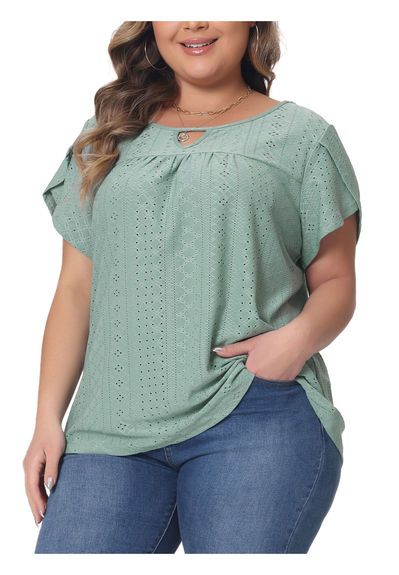 Petal Sleeve Pleated Front Key Hole Round Neck Loose Top, Green / Light Green, alternate image number 1