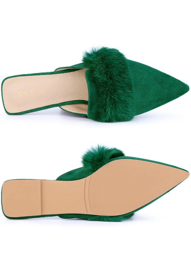 Pointed Toe Faux Fur Slip on Flat Slide Mules, Green / Hunter Green, alternate image number 2