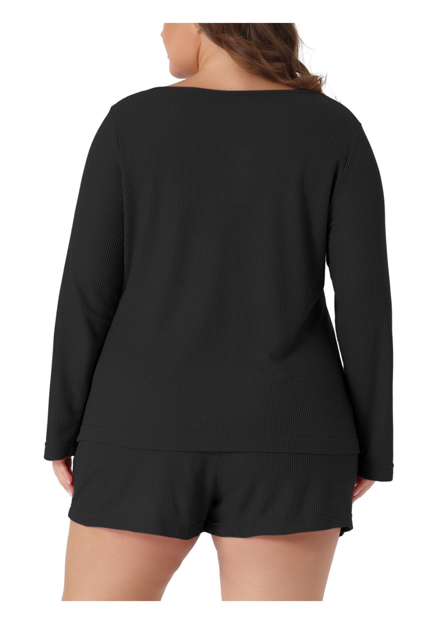 Waffle 2 Piece Long Sleeved Top and Shorts Pajama Sweatsuits Set, Black / Black, alternate image number 3