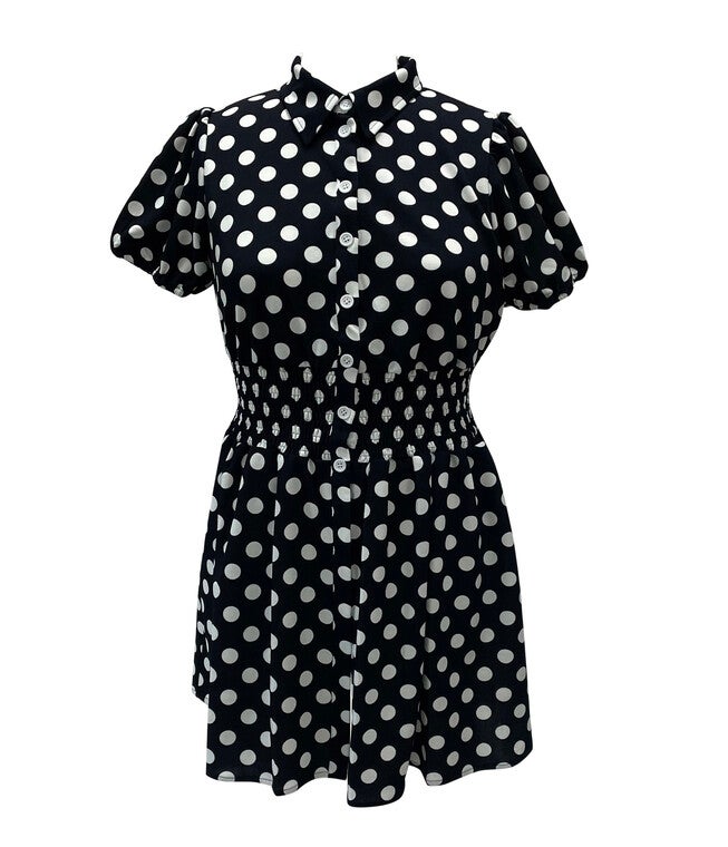 Smak Parlour Navy & White Dot Smocked Babydoll Blouse, Navy / Navy, hi-res image number 0
