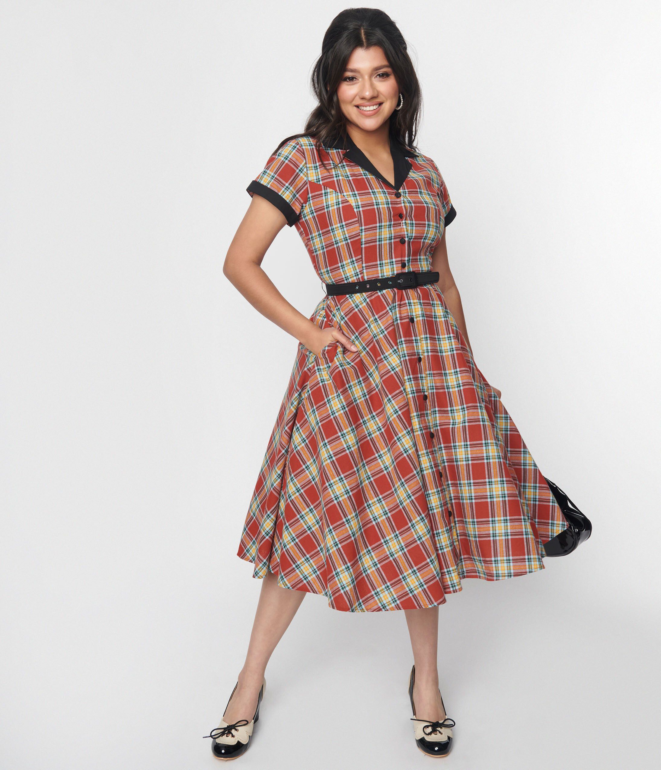 Unique Vintage Red Plaid & Black Contrast Alexis Swing Dress, RedPlaid / Red, alternate image number 1