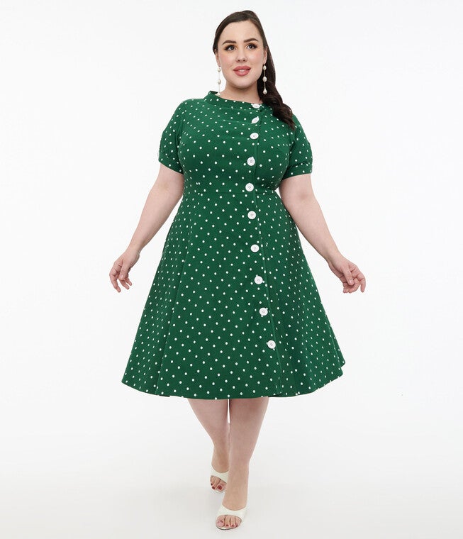 Unique Vintage 1950s Green & White Pin Dot Contrast Button Swing Dress, Green White Pin Dot / Forest Green, alternate image number 2
