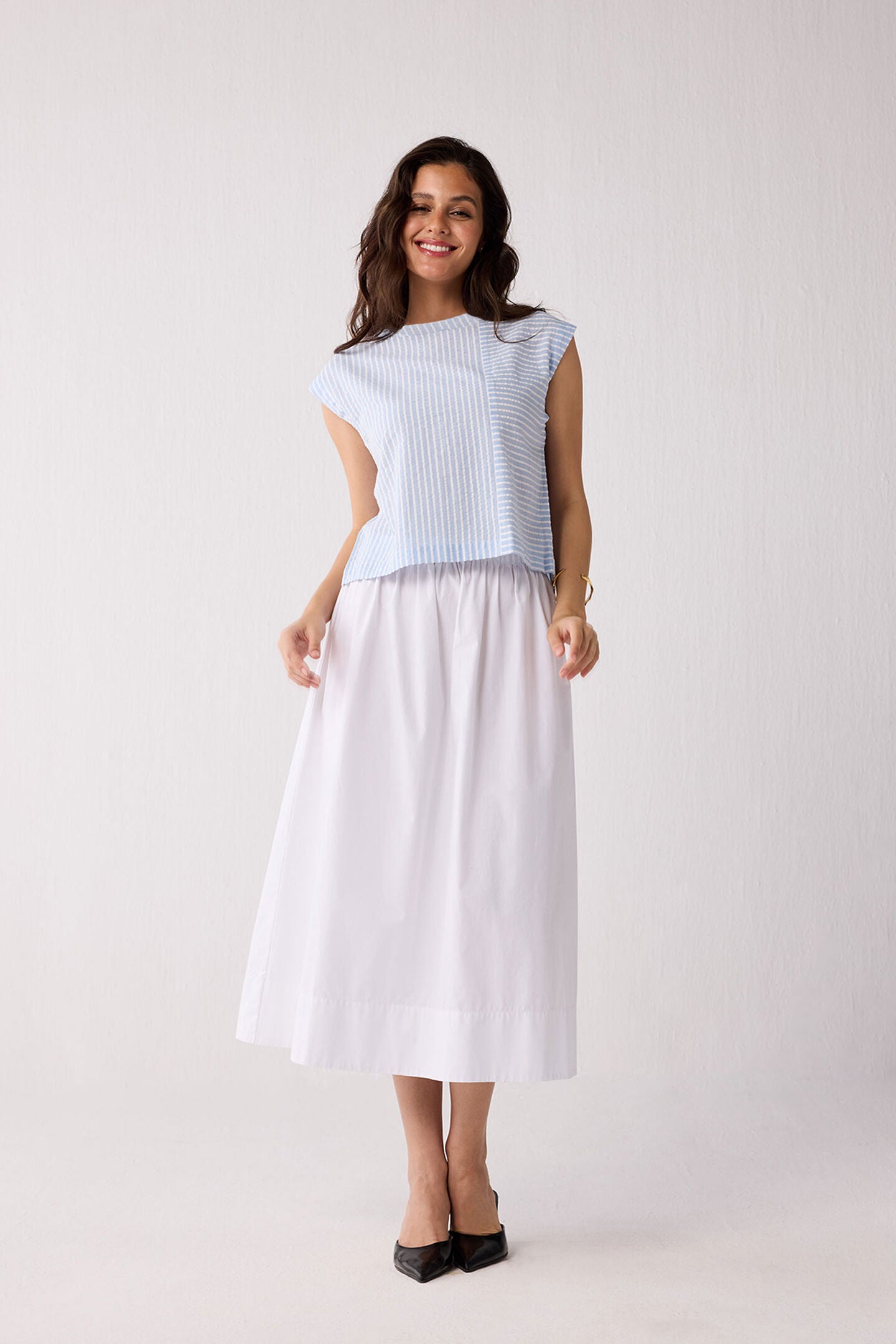 Button-Back Crew Neck Top in Blue Stripes, Cloudline / Light Blue, hi-res image number 0