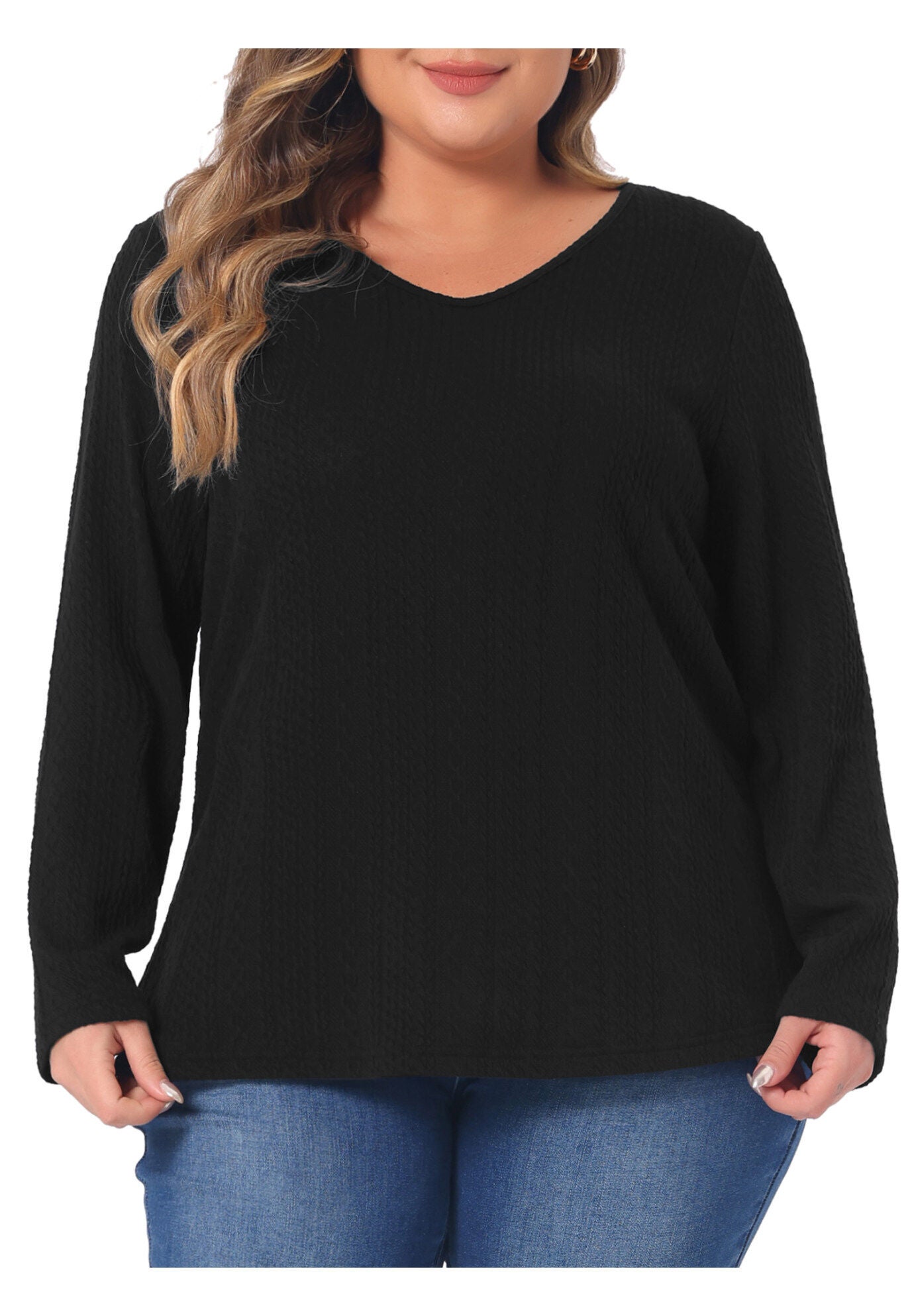 V Neck Long Sleeve Basic Knit Top Tee T-Shirt, Black / Black, alternate image number 2