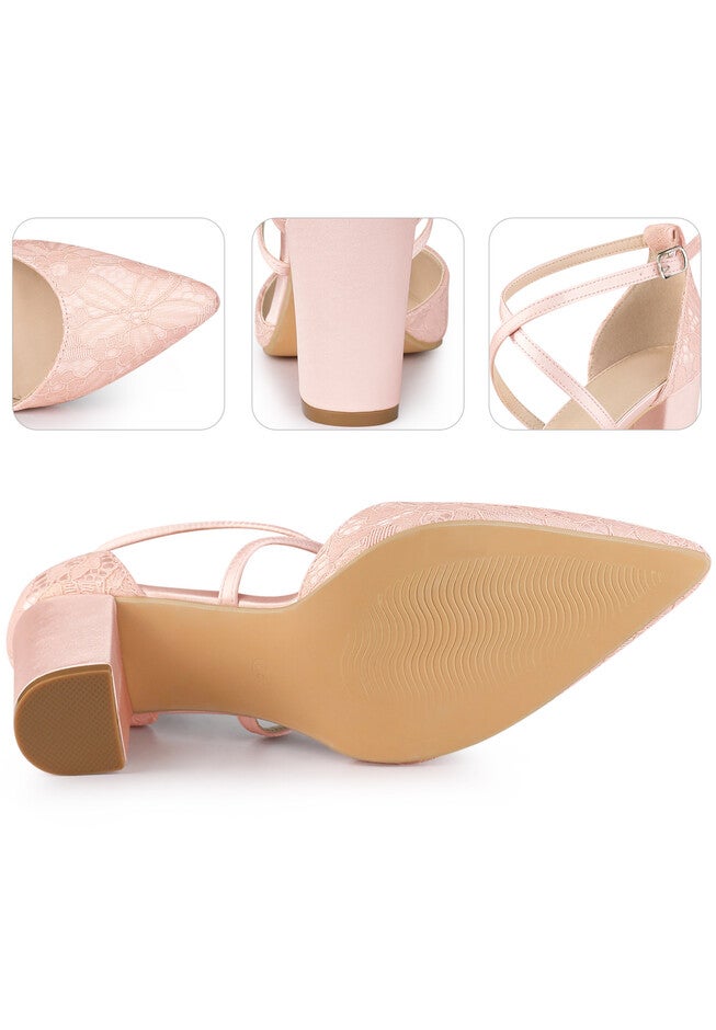 Crisscross Straps Block Heels Lace Pumps, Pink / Pink, alternate image number 2